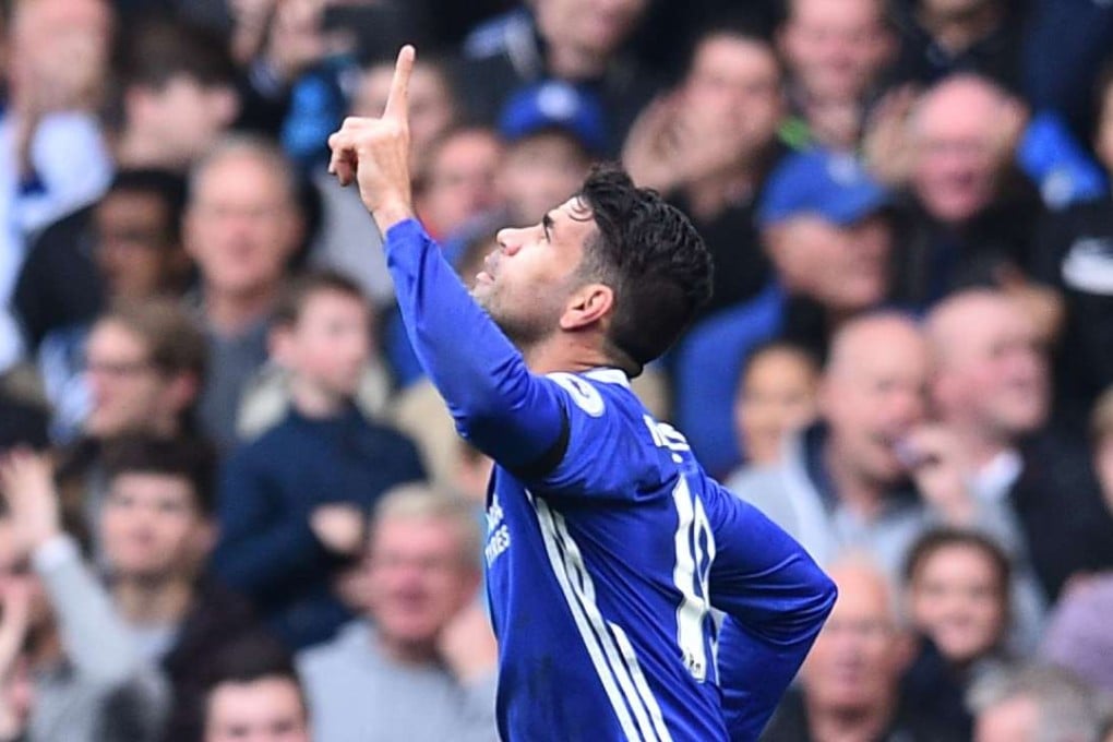 Diego Costa celebrates after scoring the opening goal against Leicester City at Stamford Bridge. Photo: AFP