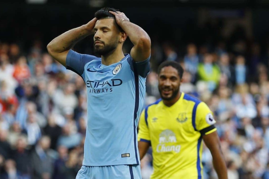 Sergio Aguero rues his failed penalty against Everton. Photo: Reuters