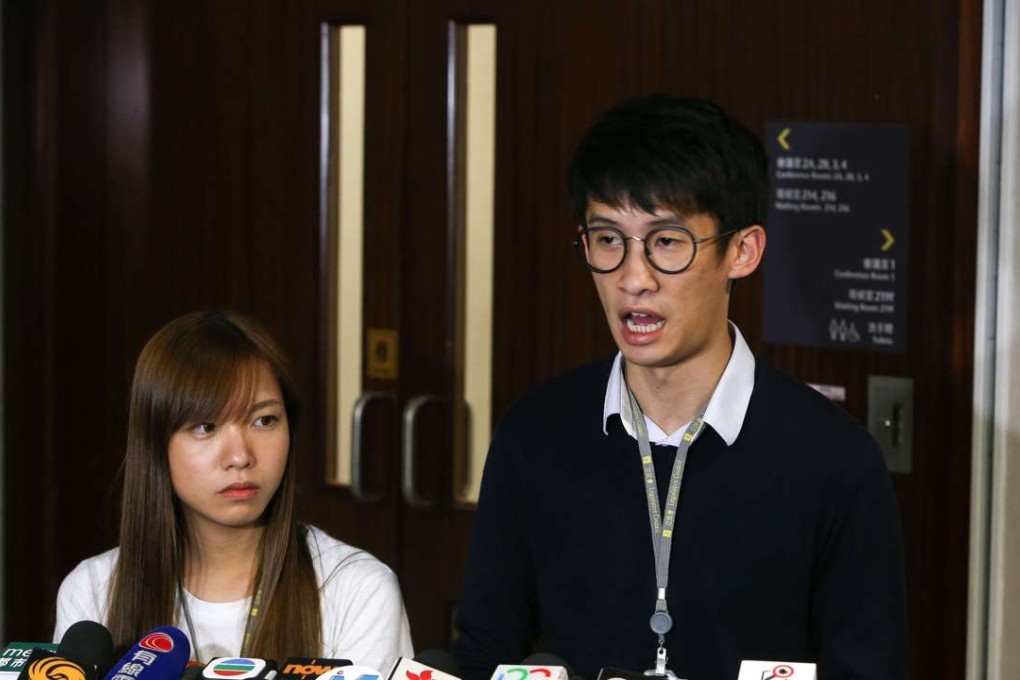 Lawmakers-elect Yau Wai-ching and Sixtus “Baggio” Leung Chung-hang speaking at Legco. Photo: Dickson Lee