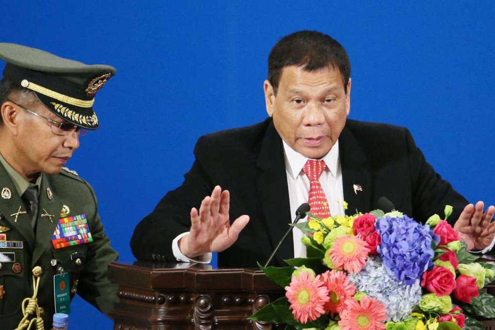 Philippines President Rodrigo Duterte delivers a speech at an investment forum in Beijing. Photo: Kyodo
