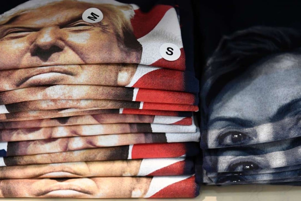 T-shirts supporting either US Republican presidential nominee Donald Trump or Democratic presidential nominee Hillary Clinton are displayed for sale in a gift shop at Philadelphia International Airport. Photo: AFP