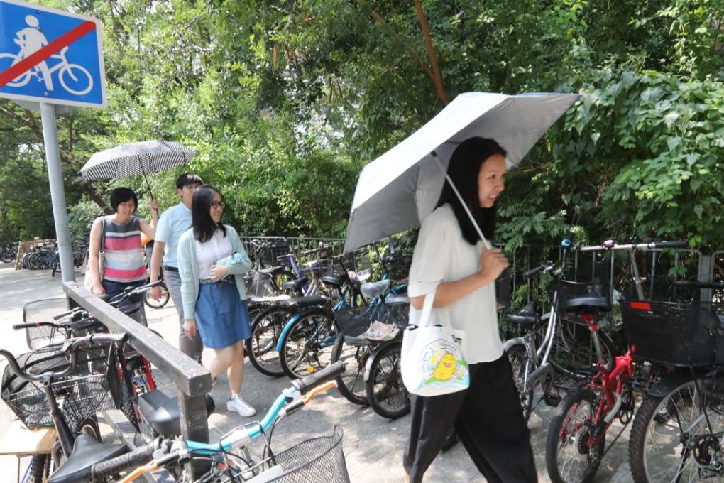 Bicycles have been a hindrance on pavements outside Sheung Shui MTR station. Photo: Edward Wong
