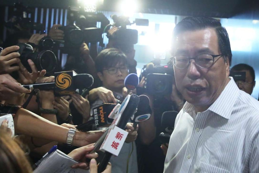 Legco president Andrew Leung talks to the press after meeting pan-democratic lawmakers. Photo: Sam Tsang