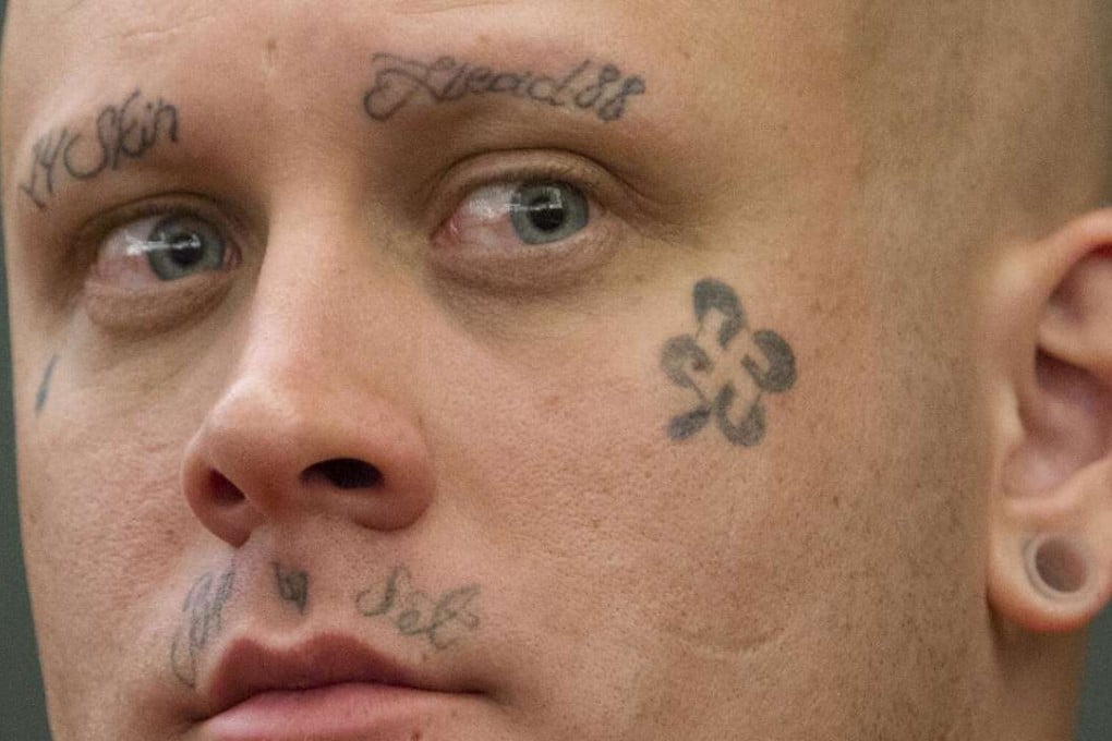 Bayzle Morgan appears in his robbery trial in Las Vegas. Morgan, who was allowed to use makeup to cover his neo-Nazi tattoos when he appeared in front of jurors during his robbery trial and conviction in August 2016, will not get to hide them during his upcoming murder trial. Photo: AP