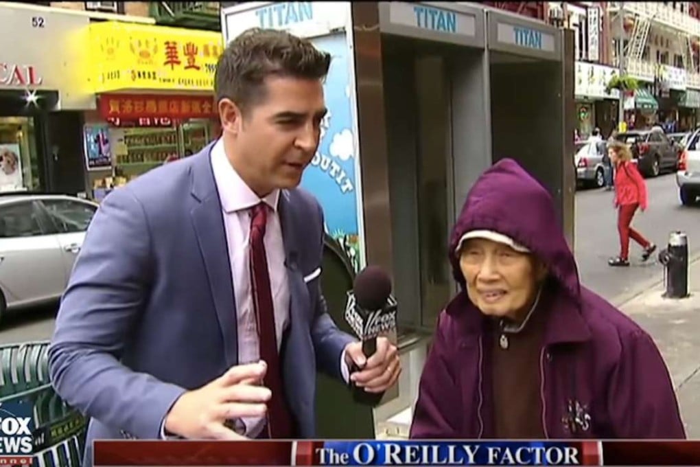 Jesse Watters and an elderly woman in New York's Chinatown, during Watters' supposedly comedic report on Fox News. Photo: Fox News