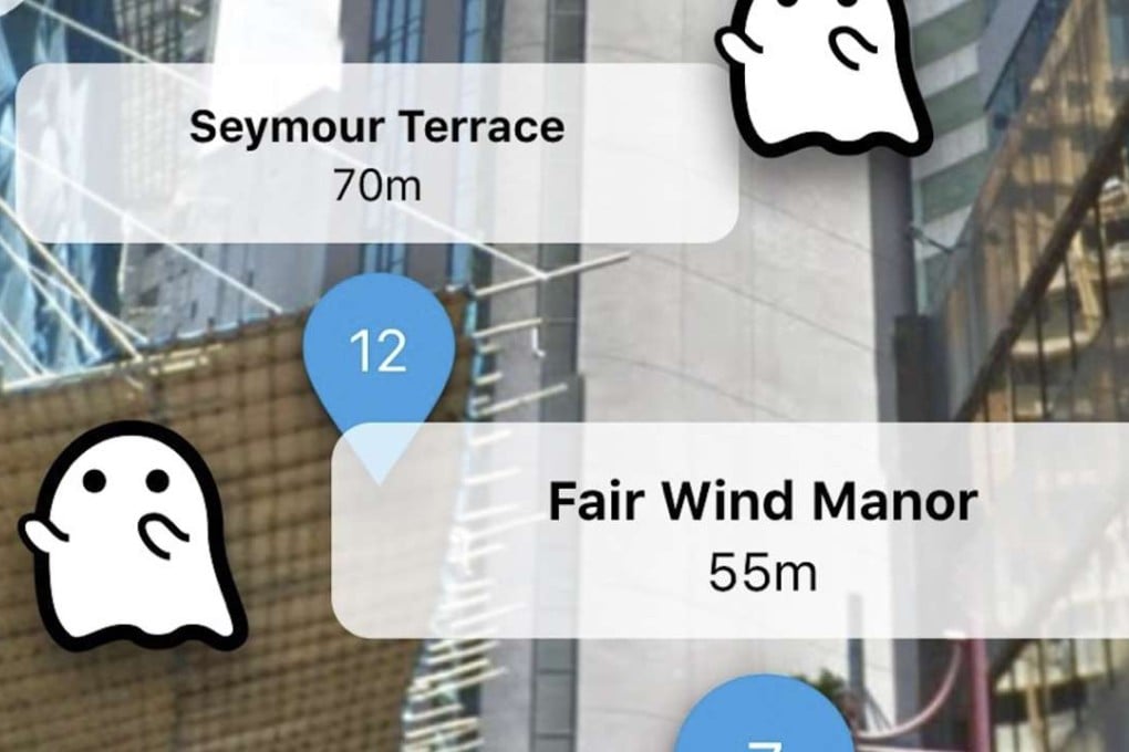 The augmented reality feature on the Spacious property search app, showing property listing details including “haunted houses”.
