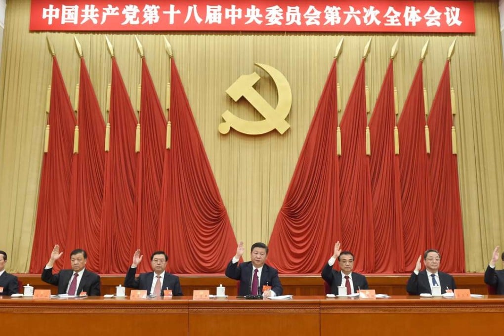 China’s President Xi Jinping (centre), with Li Keqiang (third from right) during the Central Committee’s sixth plenum in Beijing, which ended on Thursday. Also in attendance (from left) are Zhang Gaoli, Liu Yunshan, Zhang Dejiang, Yu Zhengsheng and Wang Qishan. Photo: Xinhua