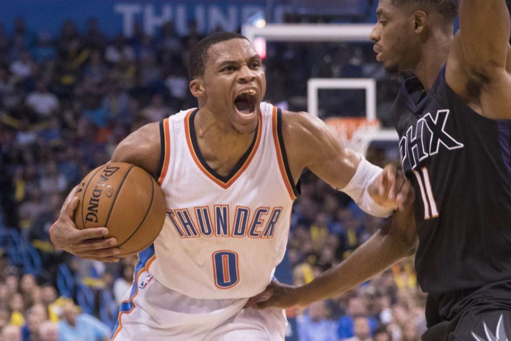 Russell Westbrook #0 of the Oklahoma City Thunder reacts as Brandon Knight #11 of the Phoenix Suns applies pressure. AFP