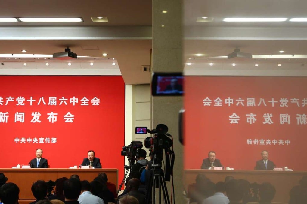 Addressing the media on Friday, from left: Wu Yuliang, deputy chief of the Central Commission for Discipline Inspection; Huang Kunming, executive deputy head of the party’s propaganda department; and Qi Yu, deputy director of the Central Organisation Department. Photo: Simon Song