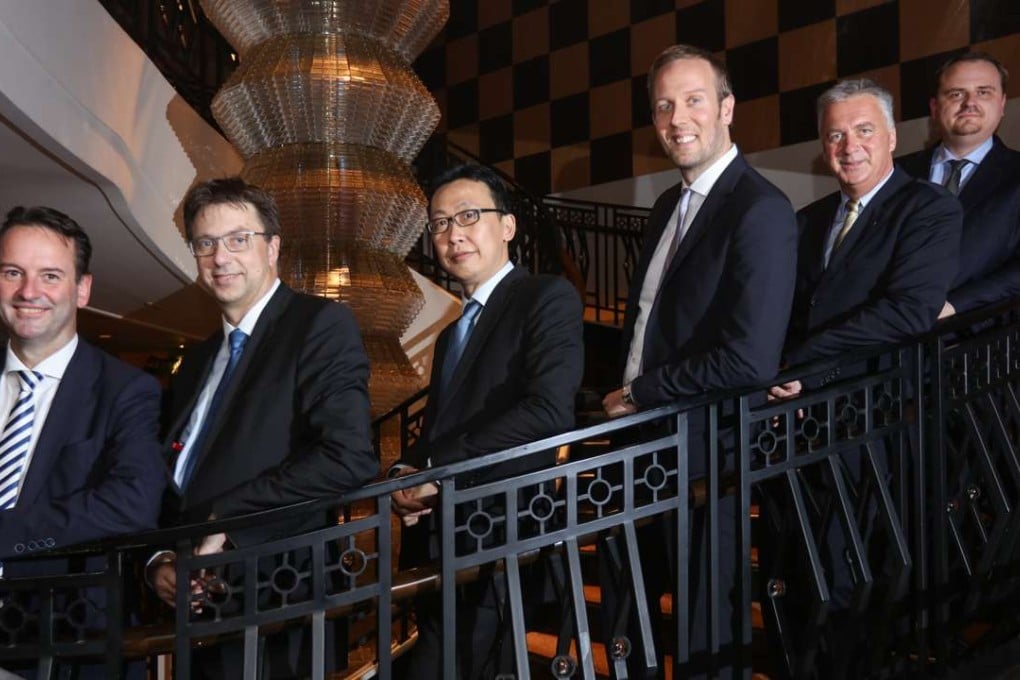 Left to right: Stefan Schneider, managing director of Hauck and Aufhauser; Reinhard Pfingsten, managing director of Hauck and Aufhauser; Marvin Ng, consultant with Bellevue; Pablo Hess, managing partner of Trycon GCM; Ottmar Heinen, managing director of Lacuna; and Dieter Kaiser of Robus Capital Management, during their Hong Kong visit. Photo: Felix Wong