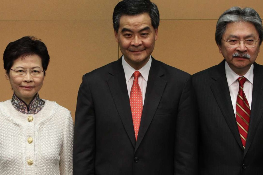 Mainland officials may be gauging public opinion about Financial Secretary John Tsang (right) and Chief Secretary Carrie Lam, but Chief Executive Leung Chun-ying could win Beijing’s backing for a second term if independence calls continue unabated in Hong Kong. Photo: David Wong