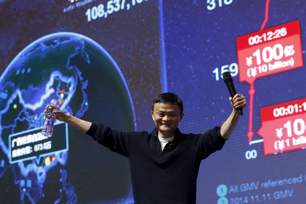 Alibaba founder Jack Ma gestures in front of a screen showing real-time data of transactions during last year’s Singles’ Day festival, which saw a 60 per cent year on year increase in gross merchandise volume to 91.2 billion yuan. Photo: Reuters