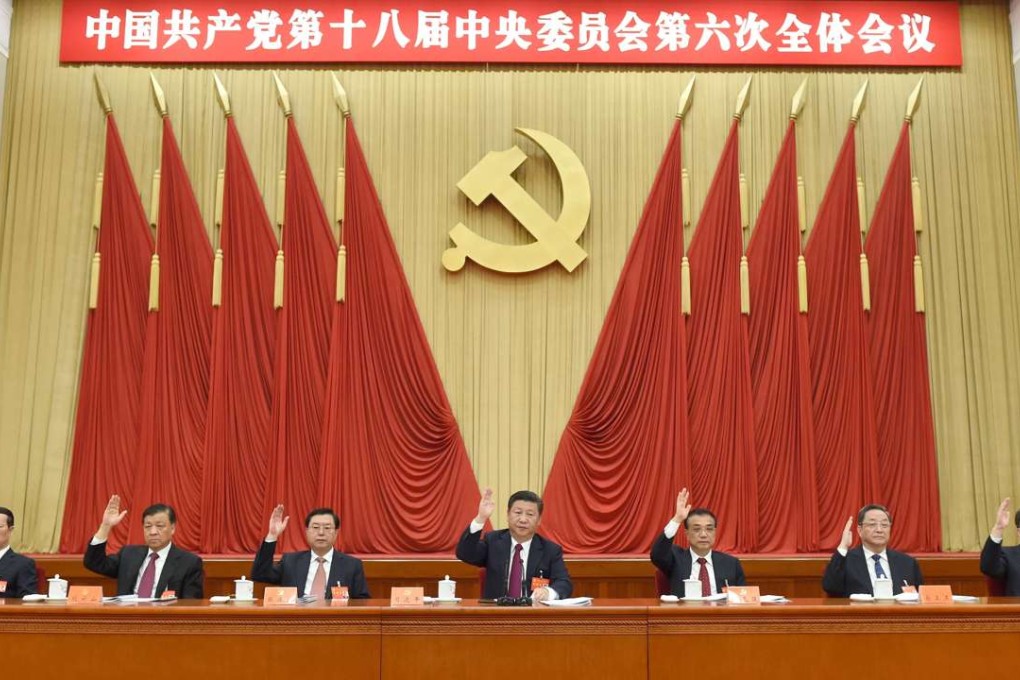 China’s President Xi Jinping (centre), with Li Keqiang (third from right) during the Central Committee’s sixth plenum in Beijing, which ended on Thursday. Also in attendance (from left) are Zhang Gaoli, Liu Yunshan, Zhang Dejiang, Yu Zhengsheng and Wang Qishan. Photo: Xinhua
