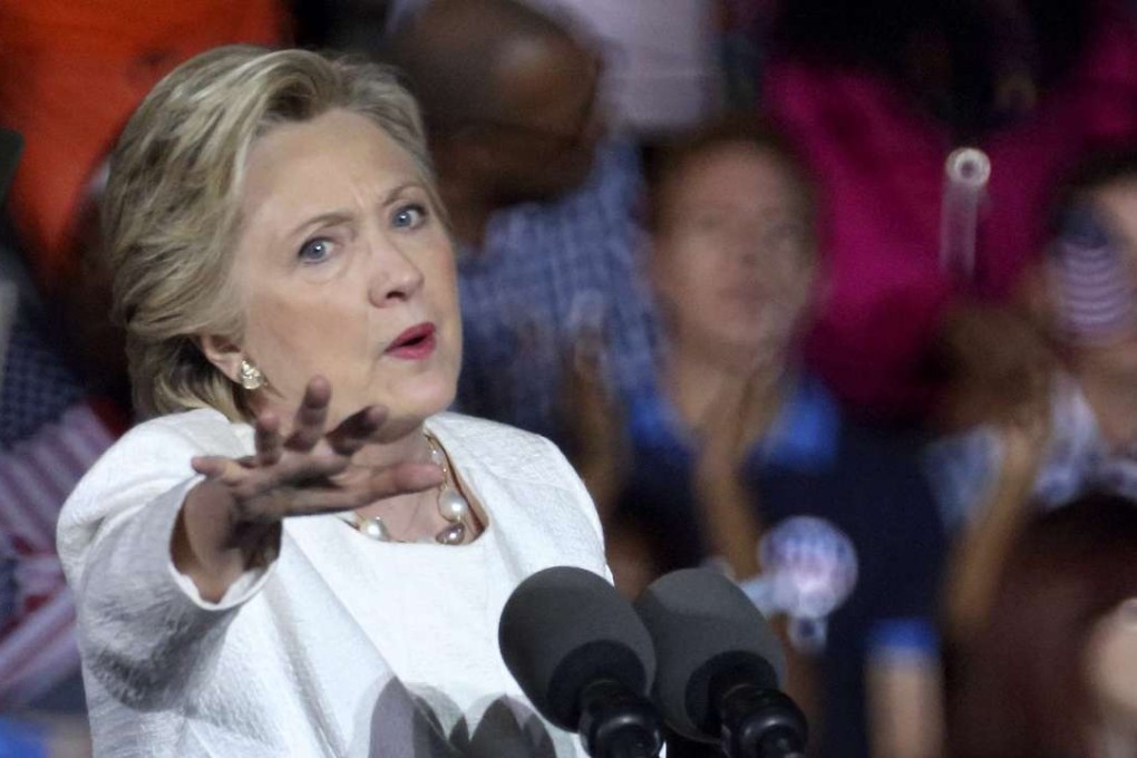 US Democratic presidential candidate Hillary Clinton gestures as she speaks during her presidential campaign event at the Reverend Samuel Delevoe Memorial Park in Fort Lauderdale, Florida. Photo: EPA