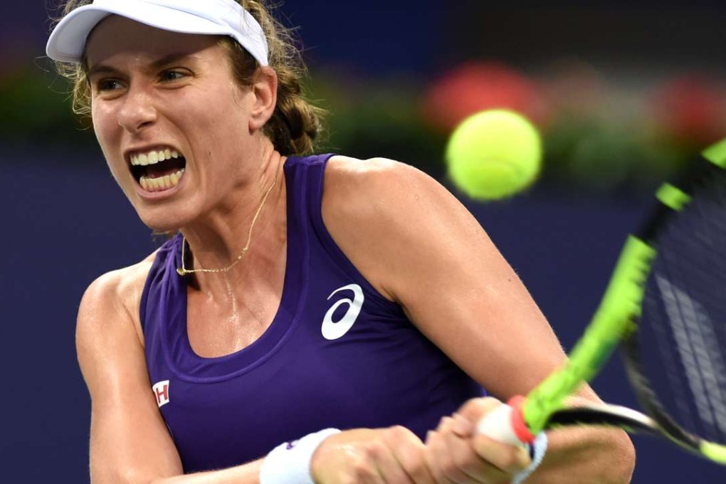 Johanna Konta makes a return during her match against Samantha Stosur in the Elite Trophy tournament in Zhuhai. Photos: Xinhua