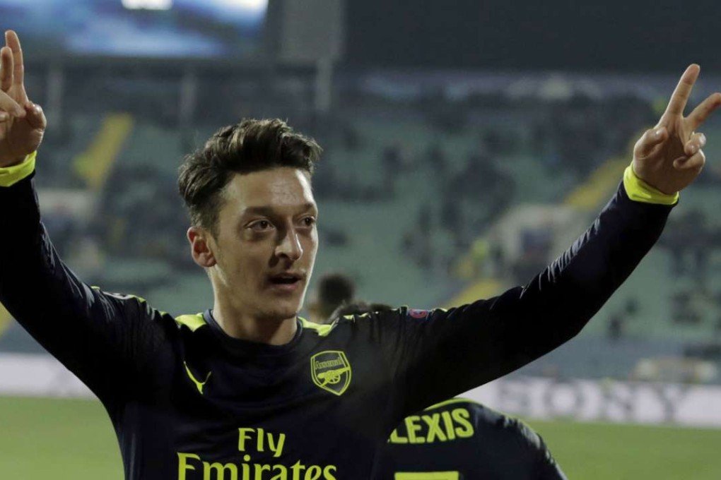 Arsenal's Mezut Ozil celebrates his goal against Ludogorets during the Champions League group A soccer match at Vassil Levski stadium in Sofia, Bulgaria, Tuesday, Nov. 1, 2016. (AP Photo/Valentina Petrova)
