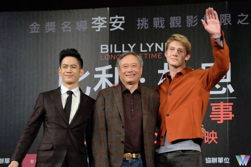 Actor Mason Lee, Oscar director Ang Lee and actor Joe Alwyn pose for photos during a press conference to promote Billy Lynn’s Long Halftime Walk in Taipei on Thursday. Photo: AFP