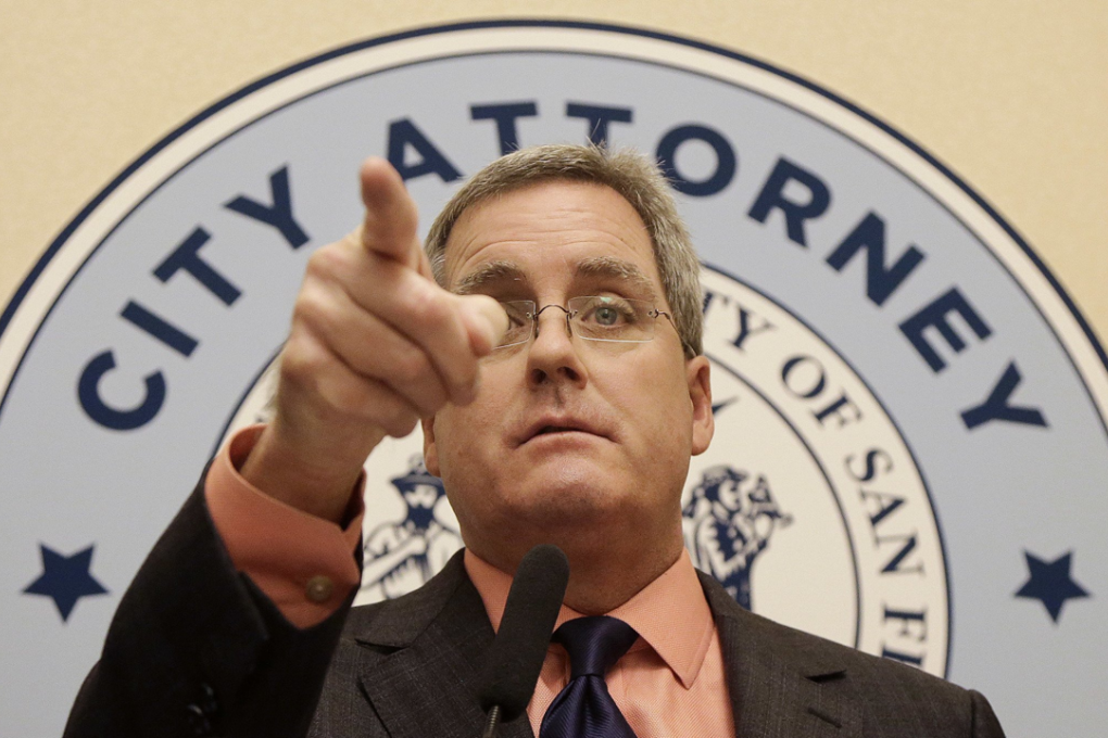 City Attorney Dennis Herrera gestures while speaking about a lawsuit filed against developers of the Millennium Tower at a news conference in San Francisco on Nov. 3rd. Photo: Jeff Chiu/AP