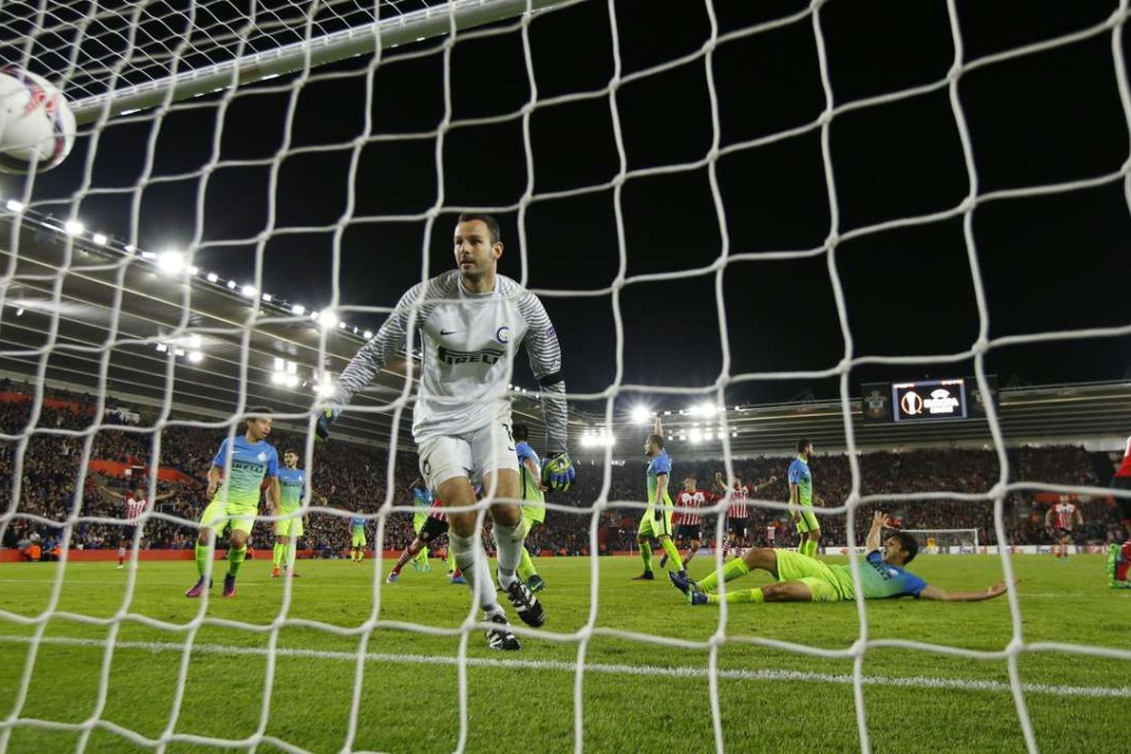 Southampton’s Virgil van Dijk celebrates scoring their first goal against Inter Milan. Photo: Reuters