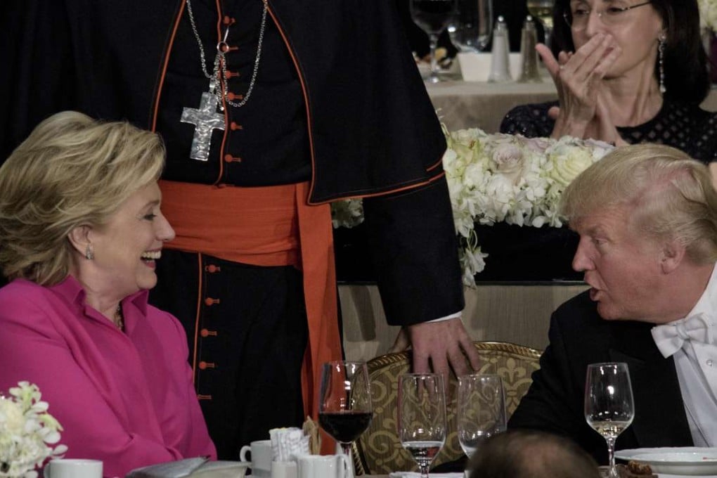 Democratic presidential nominee Hillary Clinton and Republican presidential nominee Donald Trump attend the Alfred E. Smith Memorial Foundation Dinner at New York’s Waldorf Astoria. Photo: AFP