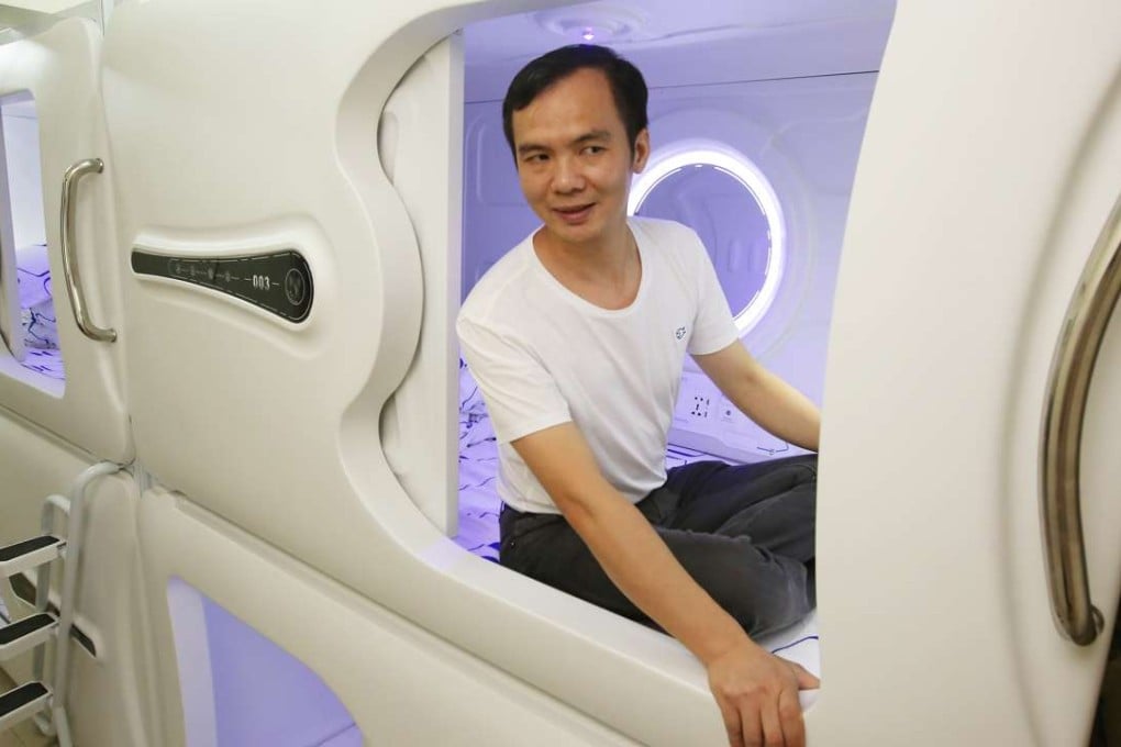 Landlord Sandy Wong in one of his capsules in a Sai Ying Pun apartment. Photos: Edward Wong