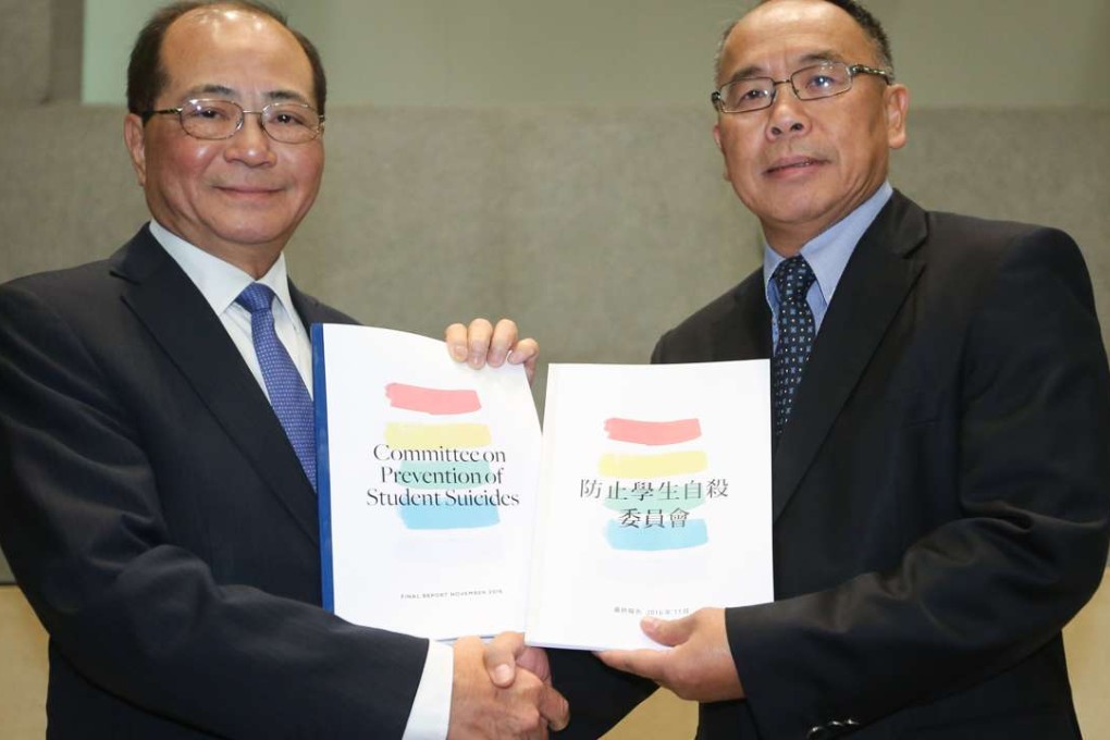 Education minister Eddie Ng (left) and committee chairman Paul Yip at the press conference on student suicides. Photo: Edward Wong