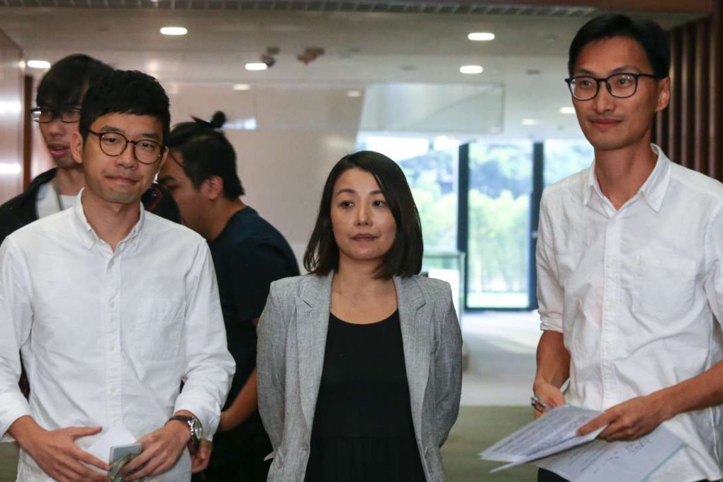 New lawmakers Nathan Law, Lau Siu-lai and Eddie Chu in Legco on Monday. Photo: Dickson Lee