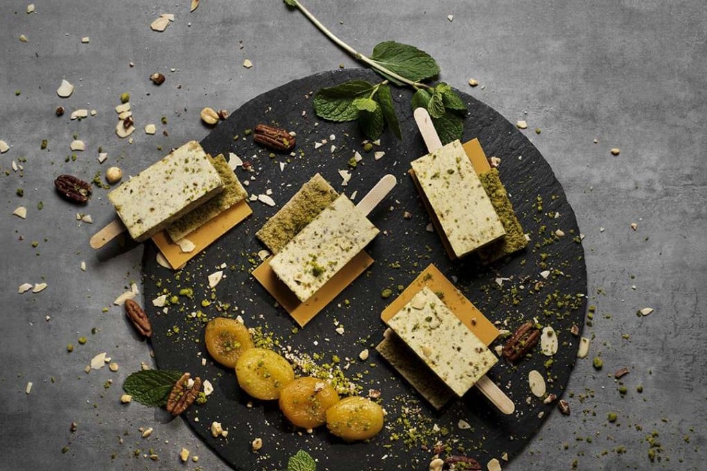 Avocado nougat parfait with poached dried apricot and honey tulip at Mirage in Wan Chai.