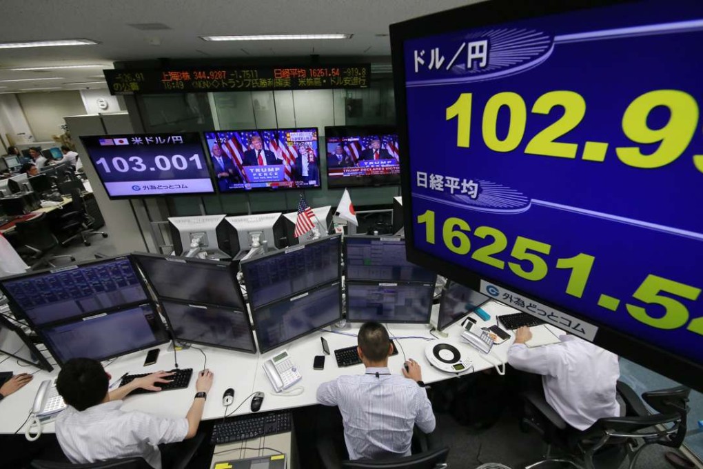 Global financial markets were rattled by the surprise election victory of Donald Trump, but history shows these initial reactions to unexpected news are overblown. Traders in Tokyo saw a massive decline in the values of the Japanese yen versus the US dollar. Photo: AP