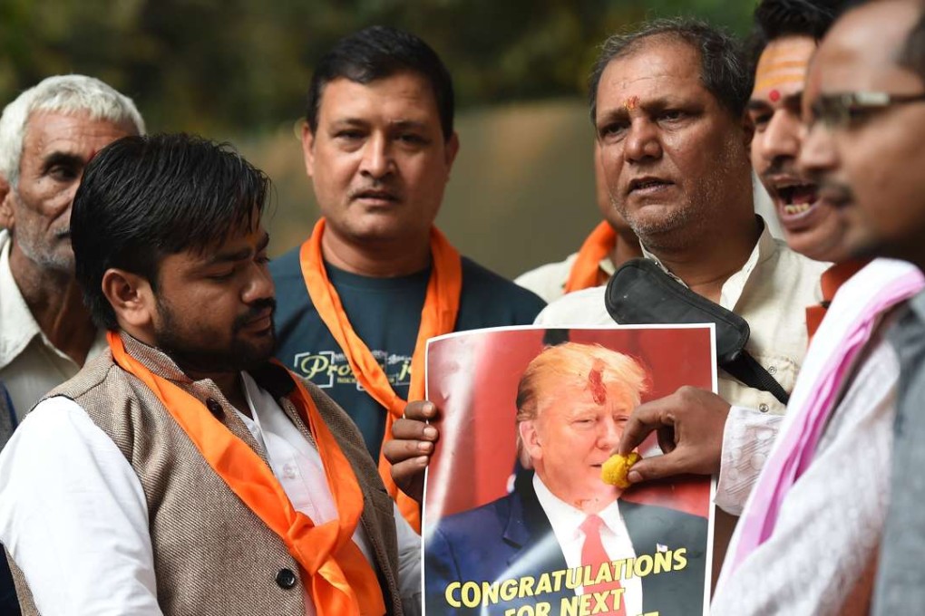 Right-wing activists of India's Hindu Sena celebrate a Trump victory, in New Delhi. Photo: AFP