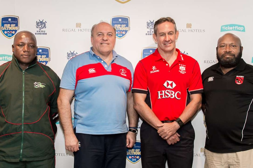 Zimbabwe coach Cypren Mandenge, Russia coach Aleksandr Pervukhin, Hong Kong coach Leigh Jones and Papua New Guinea coach Sydney Wesley at the Cup of Nations launch. Photos: SCMP Pictures