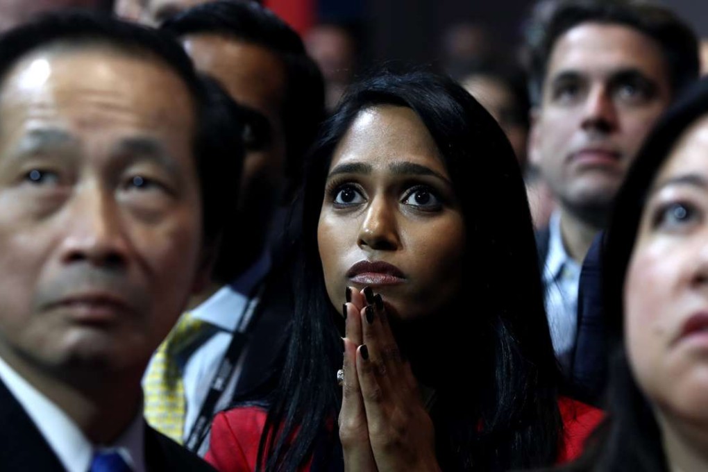 Hillary Clinton supporters watch the presidential election results come in at the Jacob K. Javits Convention Centre in New York City. Photo: AFP