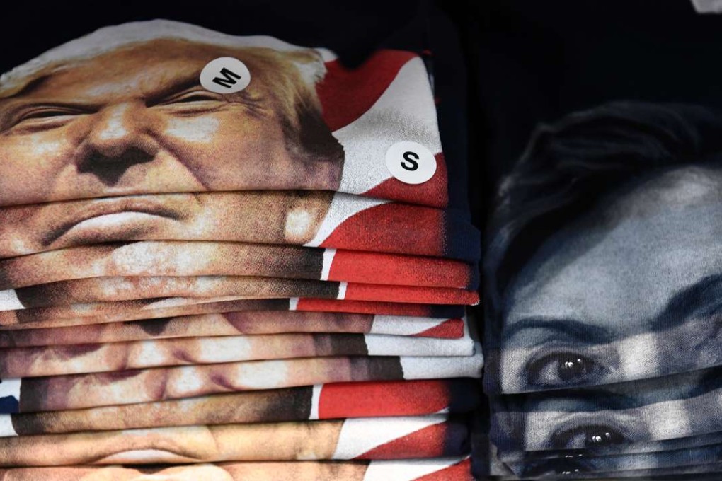 Tee-shirts supporting either Donald Trump or Hillary Clinton on sale in Philadelphia last month. Chinese censors have told the country’s media to halt “excessive” coverage of the polls. Photo: AFP