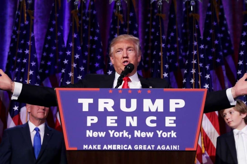 Republican president-elect Donald Trump delivers his acceptance speech during his election night event at the New York Hilton Midtown on Wednesday in New York City. Photo: AFP
