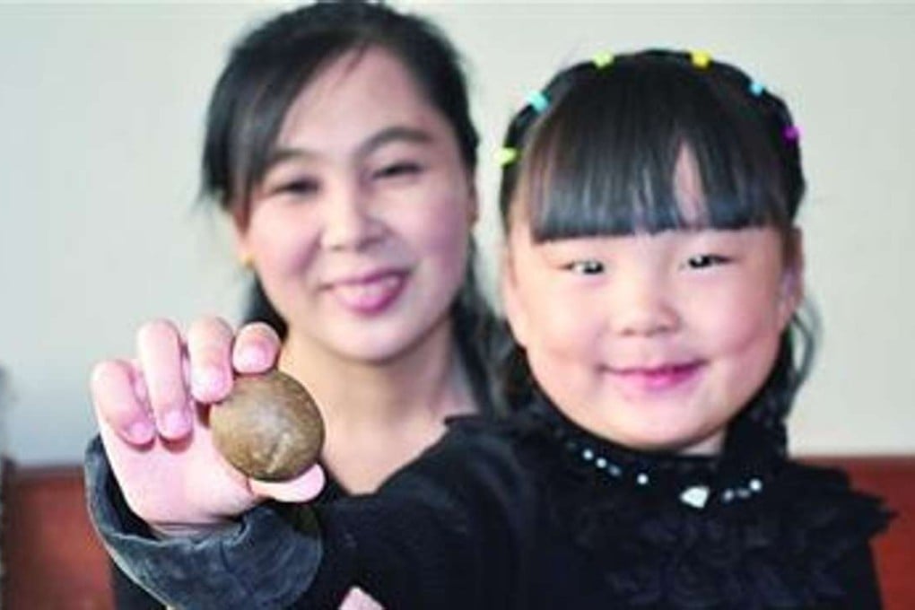 Members of the farmer’s family show off the stone found in a sheep’s liver. Photo: SCMP Pictures