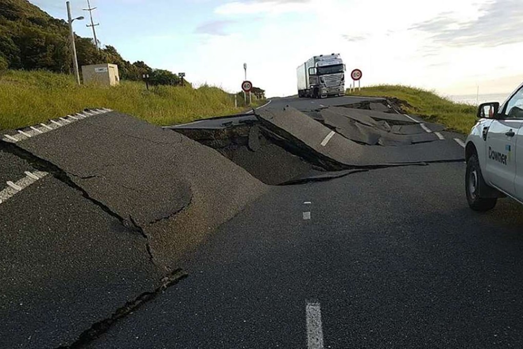 Earthquake damage to State Highway One near Oaro on the South Island's east coast. Photo: AFP