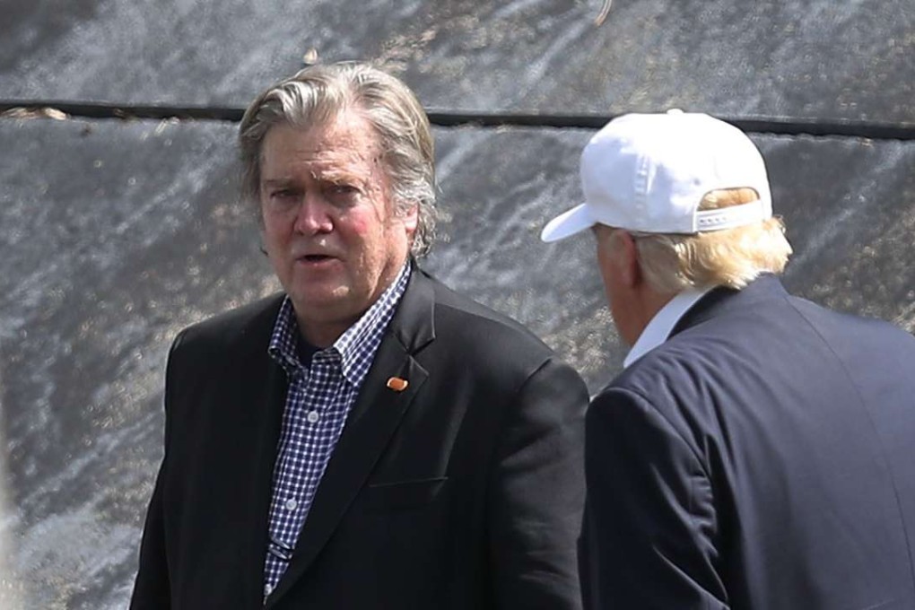 Steve Bannon (left), pictured with Donald Trump during a campaign rally on November 2 in Miami, Florida, as the Leni Riefenstahl of the tea party movement. Photo: AFP