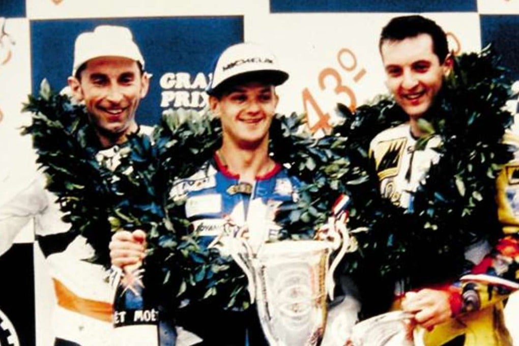 Phillip McCallen of Northern Ireland flanked by Roger Bennett and Michael Rutter on podium in Macau in 1996. Photo: SCMP Pictures