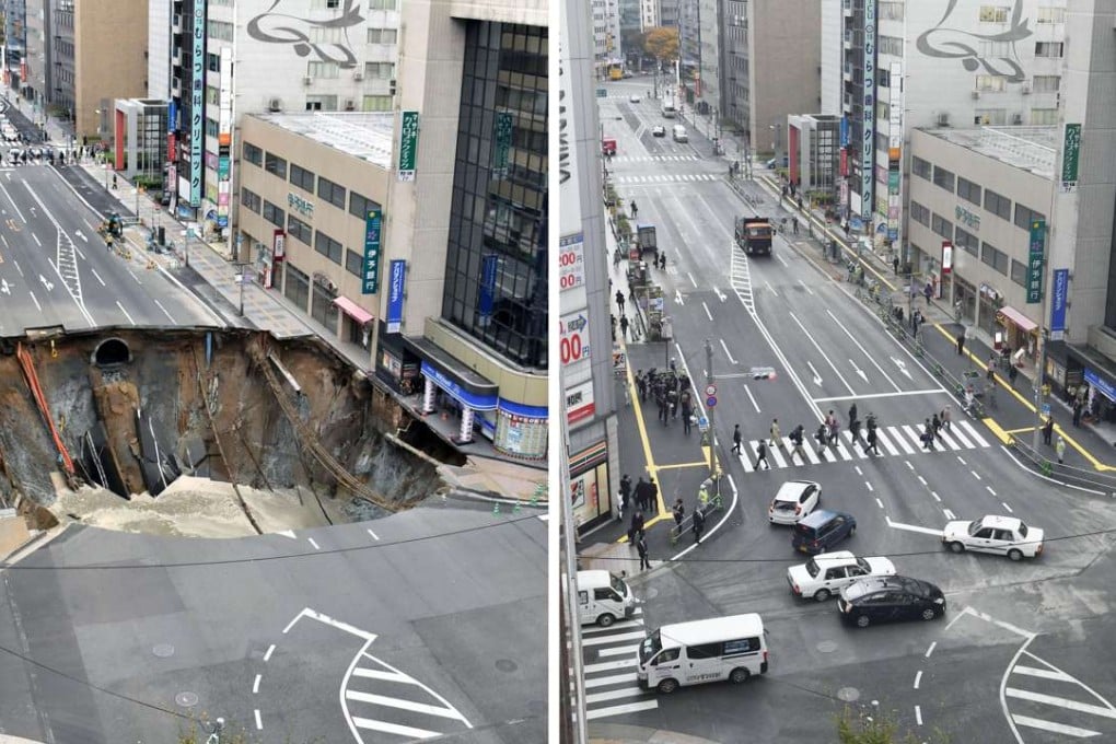 Before and after photos show a huge sinkhole on a major road in the southwestern Japan city of Fukuoka on November 8 and the same section of road, newly repaired, on November15. Photo: Kyodo