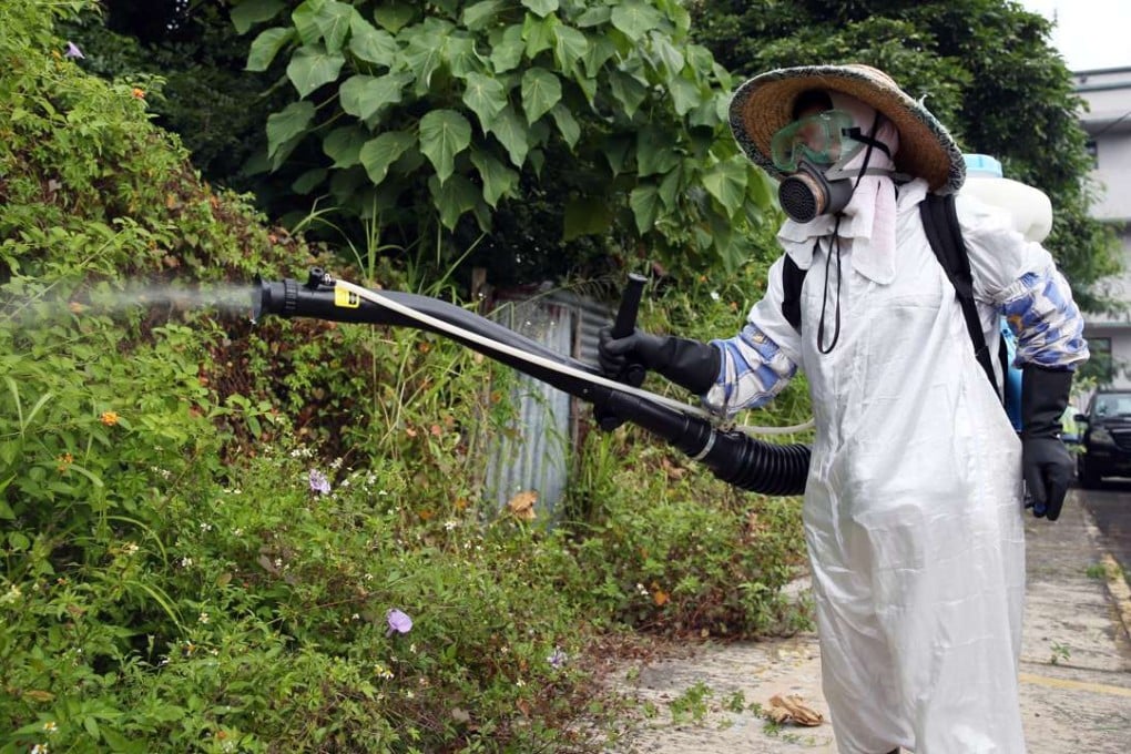 Food and Environmental Hygiene Department officers take mosquito control measures at Yan Sau Wai in Yuen Long. Photo: Sam Tsang