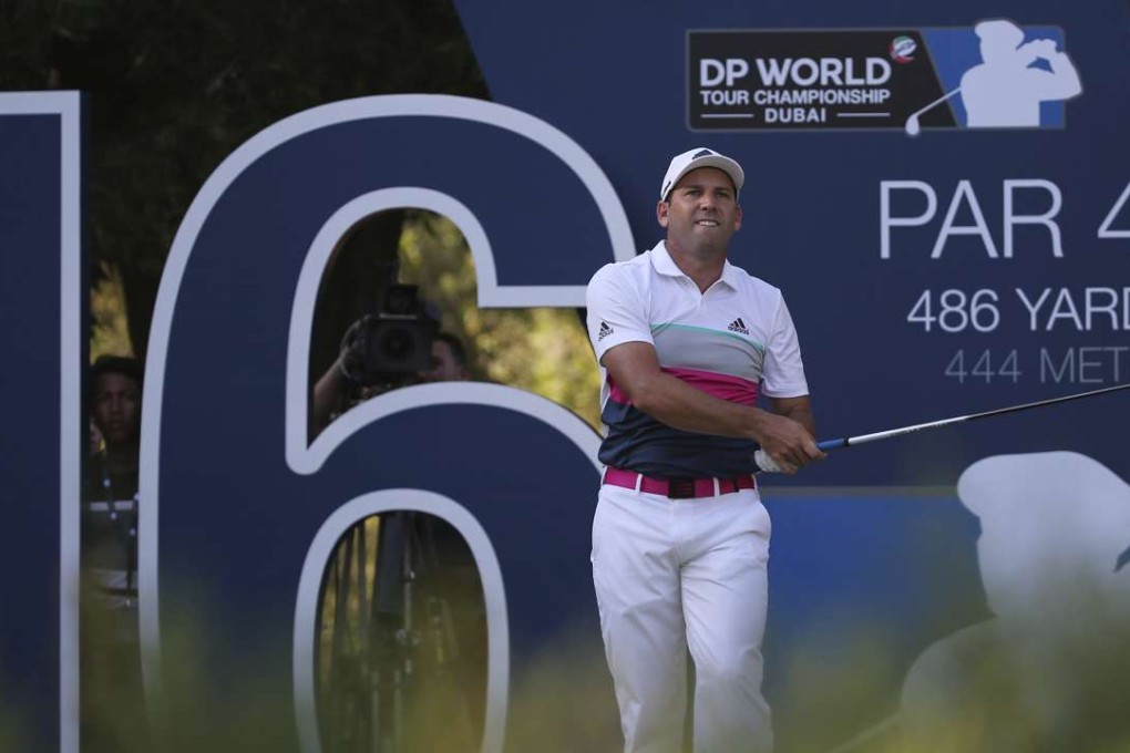 Sergio Garcia of Spain tees off at the 16th hole during the second round of the World Tour Championship in Dubai. Garcia and Francesco Molinari share a one-stroke lead at the halfway mark. Photo: AP