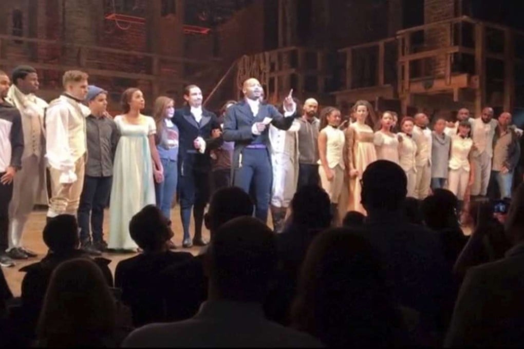 Actor Brandon Victor Dixon who plays Arron Burr, the nation’s third vice president, in Hamilton speaks from the stage after the curtain call in New York. Photo: AP