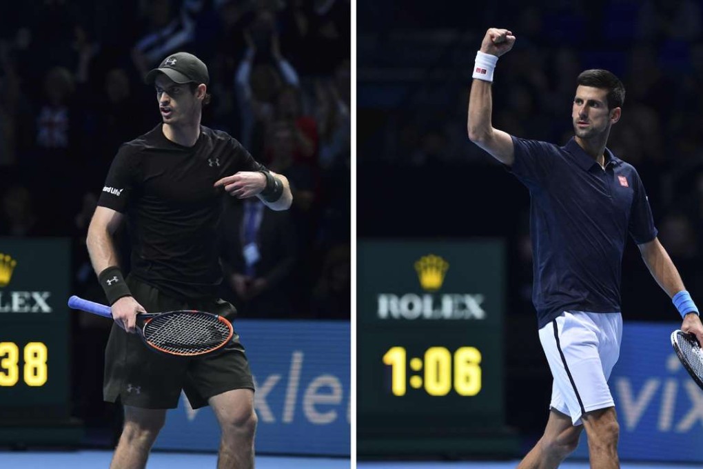 Britain's Andy Murray (L) celebrating winning his semi-final against Canada's Milos Raonic with the clock showing the match took 3 hours and 38 minutes, the longest match in Tour Finals history, and Serbia's Novak Djokovic (R) celebrating beating Japan's Kei Nishikori in 1 hour and six minutes in the second semi-final on day seven of the ATP World Tour Finals tennis tournament in London on November 19, 2016. / AFP PHOTO / Glyn KIRK