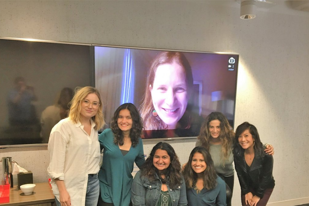 The Facebook Account Kit team. Left to right: Emilia Dallman Howley, Product Designer, Shivani Mohan, Research Manager, Raman Hansi, UX Researcher, Amee Kamdar, Product Manager, Ravit Cohen, Product Designer, Pat Lai, Product Marketing Manager, Olga Kuznetsova, Software Engineering Manager (on the screen). Photo: Matt Weinberger/Business Insider