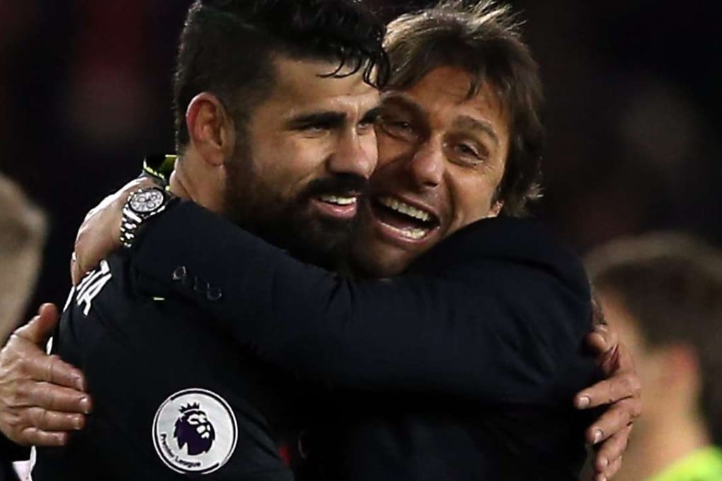 Chelsea's manager Antonio Conte (R) reacts with Diego Costa after the English Premier League soccer match between Middlesbrough and Chelsea at the Riverside stadium, Middlesbrough, Britain, 20 November 2016. EPA/Nigel Roddis