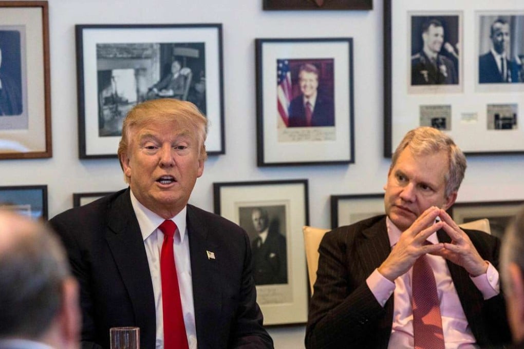 President-elect Donald Trump, left, and New York Times Publisher Arthur Sulzberger Jr., right, appear during a meeting with editors and reporters at The New York Times building. Photo: The New York Times via AP