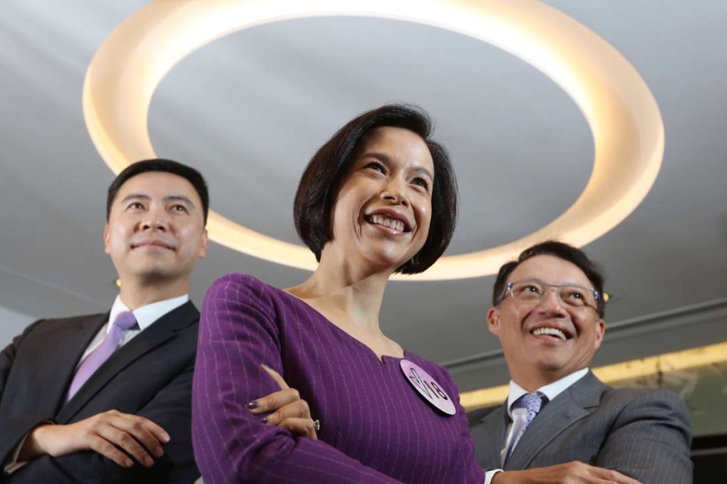 (From left) Industry bigwigs Dennis Ho Chiu-ping, Ayesha Macpherson and Clement Chan Kam-wing lead the V18 Accountants group contesting for seats on the Election Committee. Photo: Felix Wong
