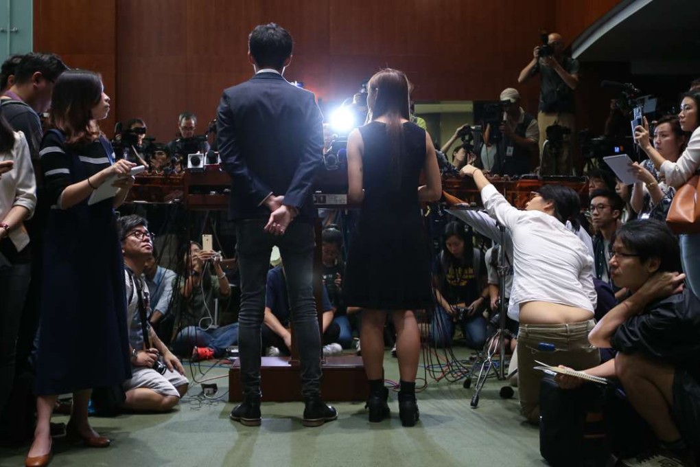 Lawmakers Sixtus Baggio Leung Chung-hang and Yau Wai-ching of Youngspiration at Legco in Tamar. Photo: David Wong