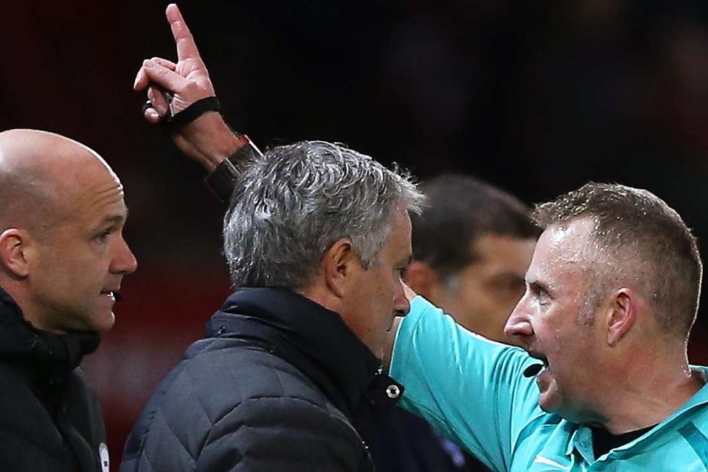 Manchester United manager Jose Mourinho is sent off by referee Jonathan Moss. Photo: EPA