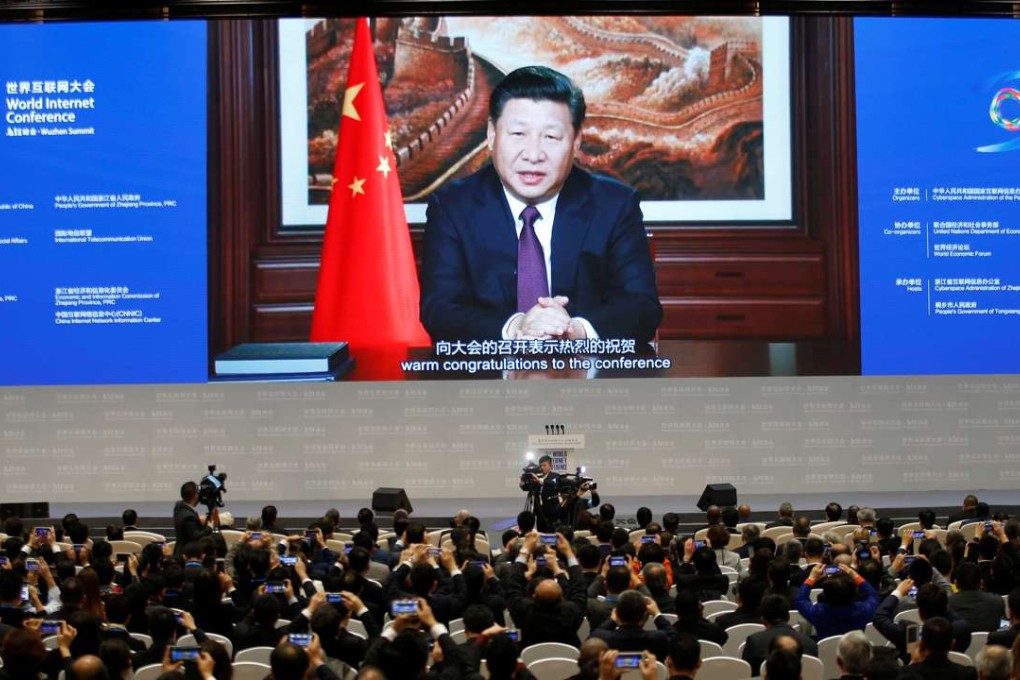 President Xi Jinping speaks via a video link at the opening of the third World Internet Conference in Wuzhen, Zhejiang, in November. Chinese leaders want the conference to be the Davos of the internet world. Photo: Reuters